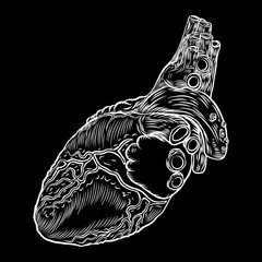 Heart boho black work, dot work flesh tattoo concept. Symbol of love and life. Sketch isolated on black for t-shirt print, poster, textile. Vector.