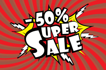 Obraz premium Super sale pricetag in comic pop art style,-50% discount,