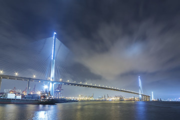 Fototapeta na wymiar Suspension bridge in Hong Kong harbor at night