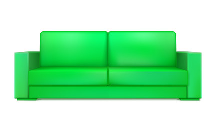 Green modern sofa for living room, reception or lounge. Icon of single object, realistic design, vector isolated on white background, 3D illustration