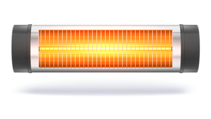 The quartz halogen heater with the glowing lamp, domestic electric heater. Appliance for space heating in the interior. 3D illustration, isolated on white background