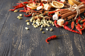 Wooden table of hot spices