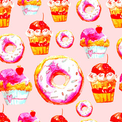 Sweet Seamless Pattern with Cakes, Donuts and Ice-cream. Appetizing Background for Design of Menu, Invitations, Pages of a Cookbook. Wonderful Print for Wrapping Paper, Fabric, Tiles, Wallpaper
