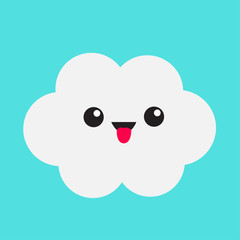 Cute cartoon kawaii white gray cloud. Showing tongue emotion. Eyes and mouth. Isolated. Blue sky background. Baby funny character emoji collection. Flat design.