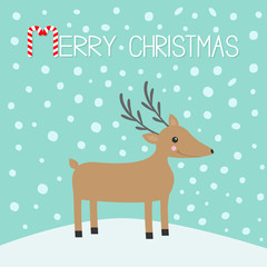 Merry christmas. Candy cane. Cute cartoon deer with horns, red scarf. Reindeeer head. Snowdrift. Blue winter snow background. Greeting card Flat design