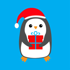 Penguin wearing Santa Claus red hat. Gift box. Cute cartoon kawaii funny animal character. Merry Christmas. Flat design. Winter blue background. Greeting card.