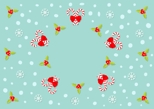 Merry Christmas. Holly berry icon. Candy Cane stick with red bow. Mistletoe. Green leaf Three red berries. Snowflake. Round frame. Flat design. Blue background © worldofvector