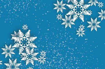 Origami Snowfall. Happy New Year Greetings card. Merry Christmas. White Paper cut snow flake. Winter snowflakes. Holidays. Space for text. Blue background. Vecto