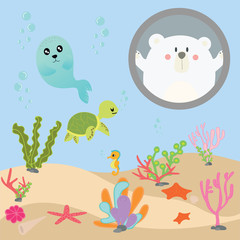 cute sea animal vector set in aquarium