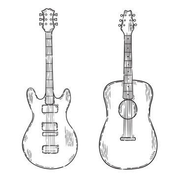 Vector hand drawn illustration. Icon guitar set.  Isolated on white background.