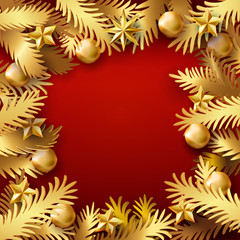 Christmas and New Year red color background with golden paper art cut out fir tree branches decorated balls and stars. Xmas Vector illustration. Card, banner, poster. Material applique