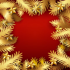 Fototapeta na wymiar Christmas and New Year red color background with golden paper art cut out fir tree branches decorated stars. Xmas Vector illustration. Card, banner, poster. Material applique