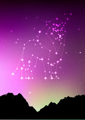 Leo zodiac constellations sign with forest landscape silhouette on beautiful starry sky with galaxy and space behind. Leo horoscope symbol constellation on deep cosmos background. Card design