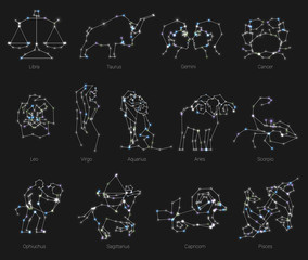 Horoscope, all Zodiac animals in constellation forms with line and stars. Collection of zodiac signs, thirteen of white elements, stars and constellations set. Zodiac animals constellation on deep sky