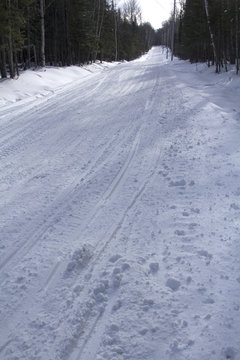 Snowmobile Trail In Winter On Bald Mountain In Rangeley, Maine.