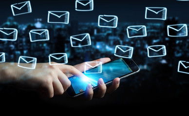 Businessman holding emails sketch over mobile phone