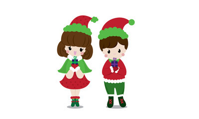 girl and boy in Christmas dress cartoon