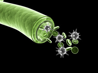 3d rendered streaming blood cells on dark background