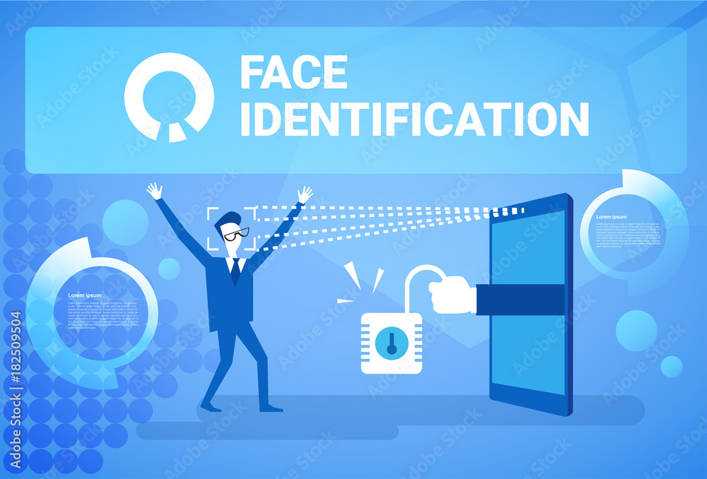 Poster man getting access after face identification scanning modern biometric technology recognition system