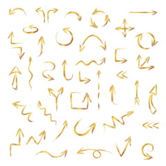 Hand drawn gold arrows set made of chalk or pastel texture, vector illustration