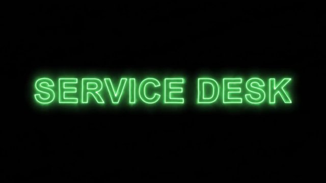Neon flickering green text SERVICE DESK in the haze. Alpha channel Premultiplied - Matted with color black
