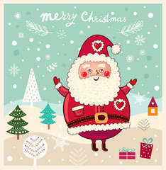 Christmas illustration with cute Santa Claus and winter landscape