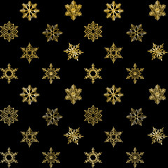Stock Illustration - Seamless, Golden Snowflakes, 3D Illustration, Black Background.