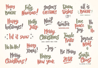 Set of holiday greeting quotes and wishes. Hand drawn text. Great for cards, gift tags and labels, photo overlays, party posters.