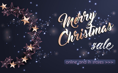 Christmas Background with Christmas Wreath of Cutout Shining Gold Stars