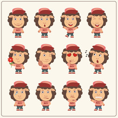 Set of sheep little boy in cartoon style. Collection of isolated sheep in clothes and cap.