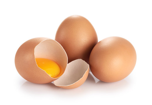 Eggs isolated on white background. Broken egg, yolk.