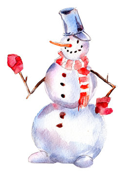 Handdrawn vintage Snowman, watercolor Christmas illustration isolated on white background.