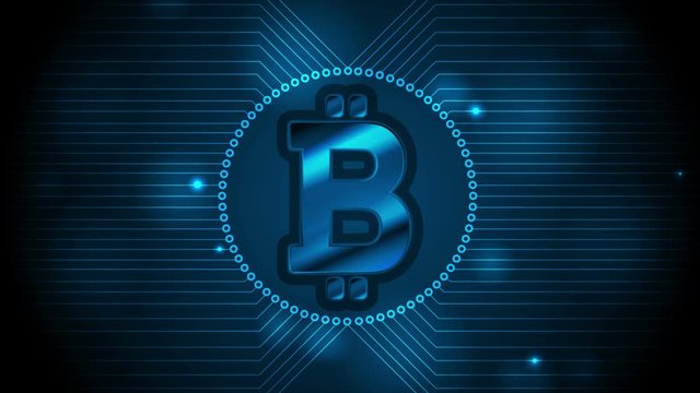 Blue technology motion design with bitcoin money emblem and circuit board lines. Internet virtual digital crypto currency symbol. Video animation Ultra HD 4K 3840x2160
