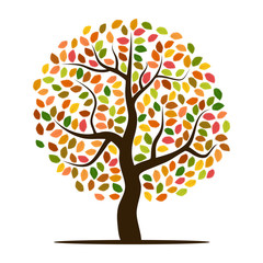 Autumn tree with yellow, orange, brown and green leaves. Vector illustration
