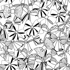 Bows. Black and white illustration, seamless pattern for coloring pages. Decorative and festive background.