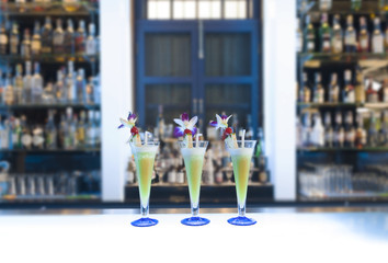 The three seasonal mock tail on cocktail bar in restaurent