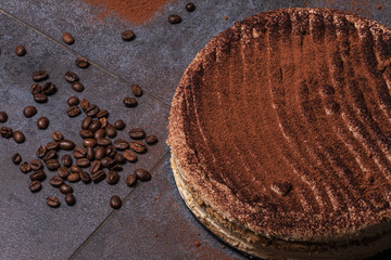 Italian frozen cake - tiramisu dessert on a dark background with coffee beans and powdered cocoa powder