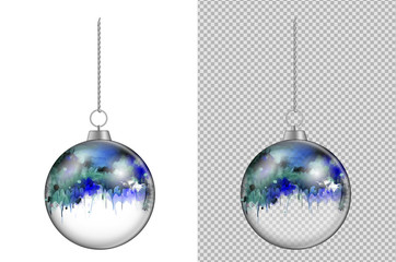 Realistic transparent Christmas ball with watercolor. New year toy