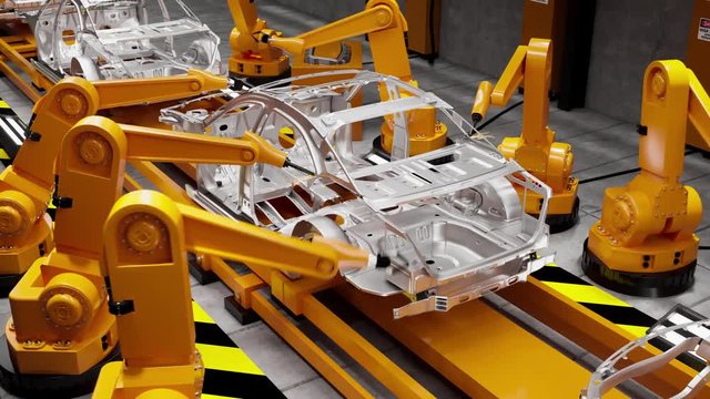 Moving transporter of conveyor belt with frameworks of unfinished cars and robots welders, back view. Loopable elements