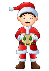 Cartoon boy singing christmas carols isolated on white background