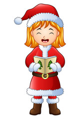 Cartoon girl singing christmas carols isolated on white background