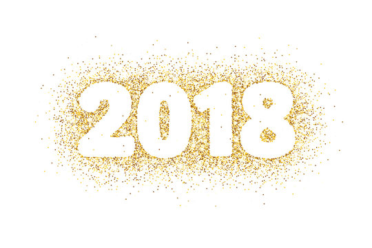 2018 glitter typography design isolated on white. Golden sparkling vector dust rectangle with numbers