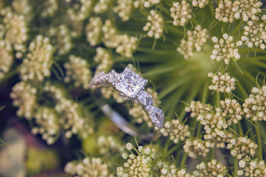 Diamon wedding engagement ring on natural romantic background