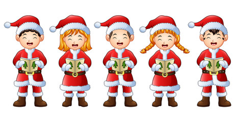 Five happy children singing christmas carols