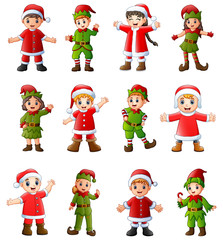 Collection of cartoon santa claus kids and elves in different poses