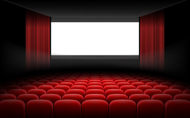 White luminous cinema movie theatre screen with red curtains and rows of chairs, realistic vector illustration, background. Concept movie premiere, poster with interior of a cinema and space for text
