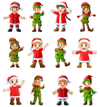 Collection of cartoon santa claus kids and elves in different poses