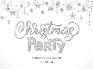 Fototapeta na wymiar Christmas party poster template, silver on white. Isolated glitter border, garland with hanging balls and ribbons.