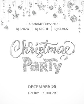 Christmas party poster template, silver on white. Isolated glitter border, garland with hanging balls and ribbons.
