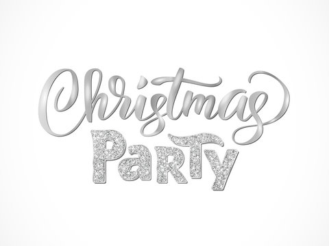Christmas Party Hand Written Lettering Isolated On White Background. Sparkling Glitter Silver Typography.